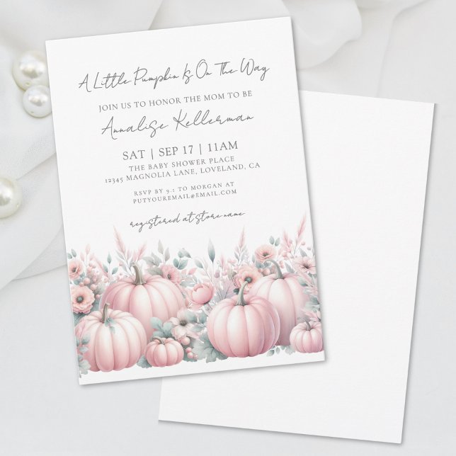 Convite Menina da Abóbora Rosa Chá de Bebê de Outono (Pink Pumpkin Girl Fall Baby Shower Invitation)