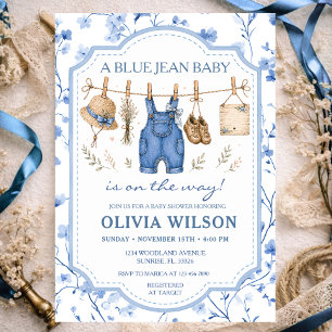 Convite Menina da Corda de Roupas Florais em Jeans Azul Ch