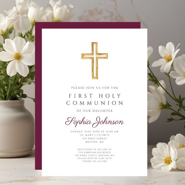 Convite Menina da Cruz Religiosa de Borgonha Primeira Comu (Burgundy Religious Cross Girl First Holy Communion Invitation)