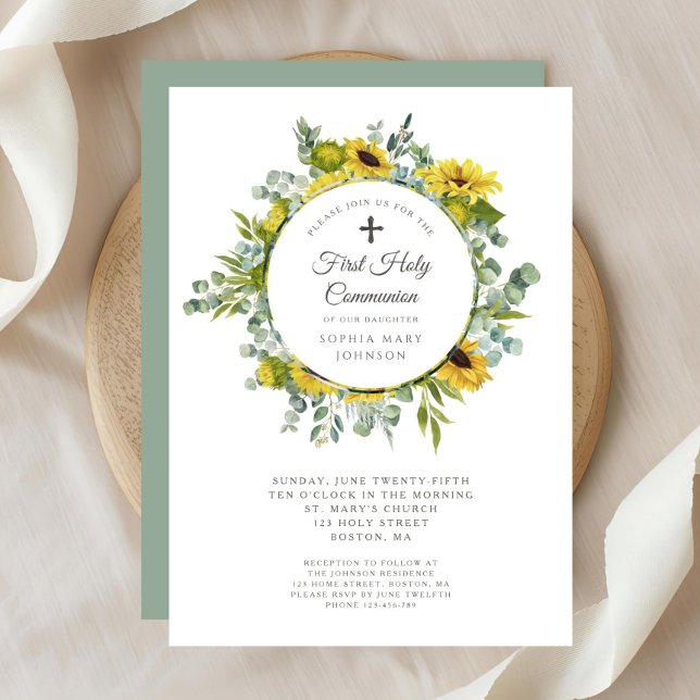 Convite Menina da Primeira Comunhão com Grinalda Floral El (Elegant Floral Wreath Girl First Communion Invitation)