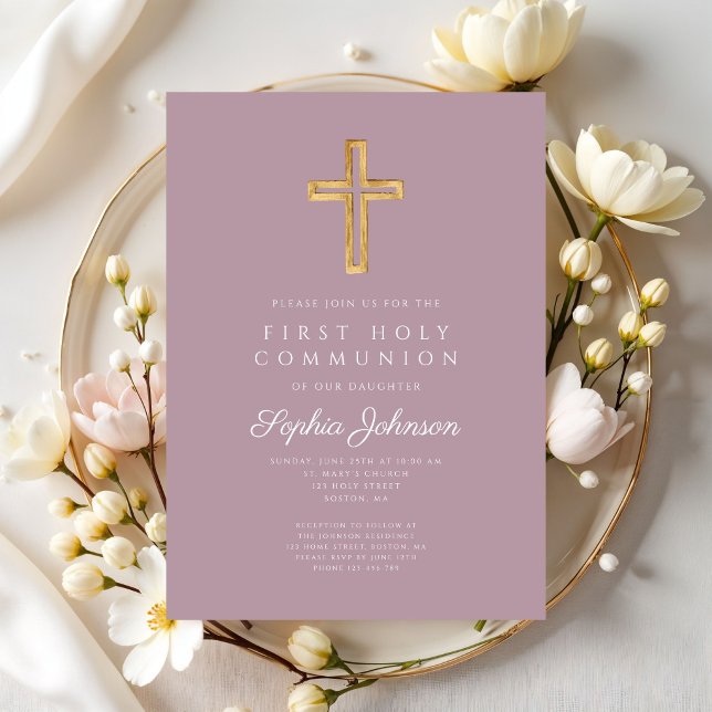 Convite Menina da Primeira Comunhão Cruz Religiosa Rosa (Mauve Religious Cross Girl First Communion Invitation)