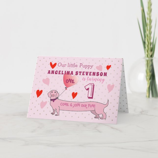 Convite Menina de 1º Aniversário Cachorrinho Rosa (Frente)