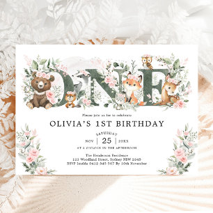 Convite Menina de 1º Aniversário com Florais Rosa e Animai