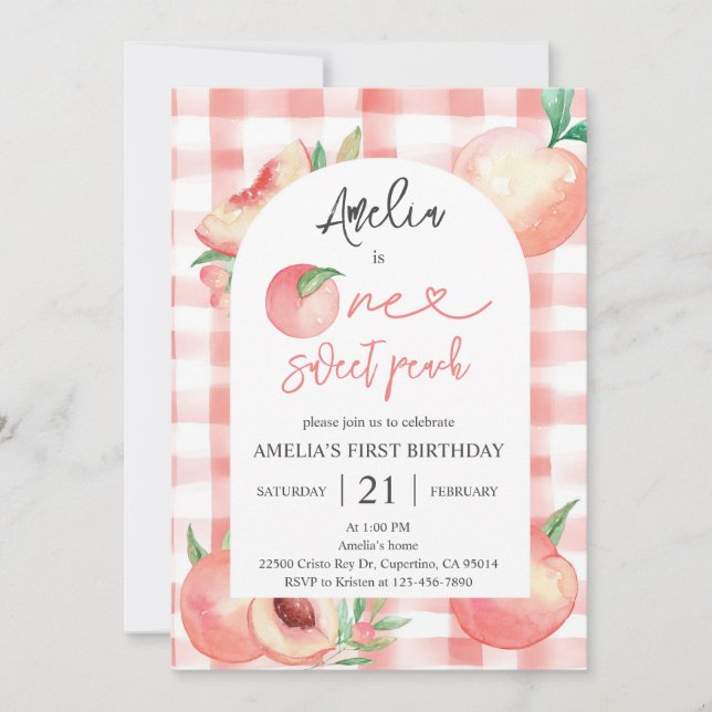 Convite Menina de 1º Aniversário Pêssego (Frente)
