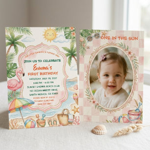 Convite Menina de 1º Aniversário Praia Tropical Rosa Verão