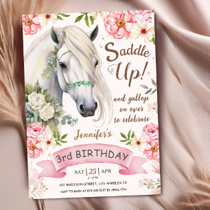 Convite Menina de 3 anos de idade Cavalo Flores Rosa Sela