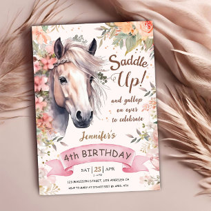 Convite Menina de 4 anos de idade Cavalo Floral Selvagem S