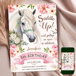 Convite Menina de 5 anos de idade Cavalo Flores Rosa Sela