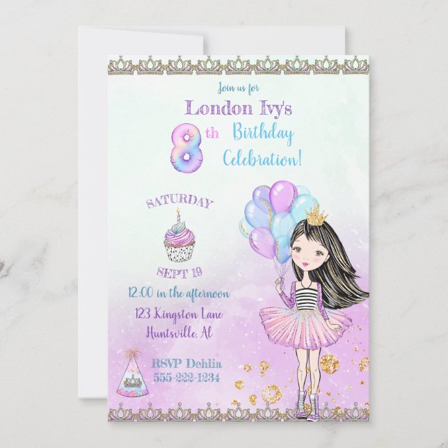 Convite Menina de 8 anos fazendo aniversário com Cupcake e (Frente)