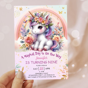 Convite Menina de 9 anos de aniversário Unicórnio Rosa Flo