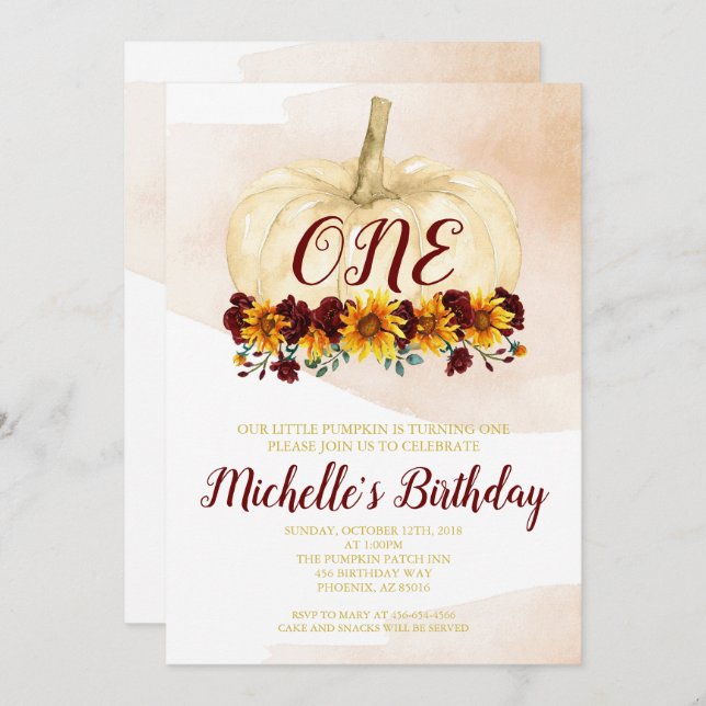 Convite Menina de abóbora Girassol Dourado Primeiro Aniver (Frente/Verso)