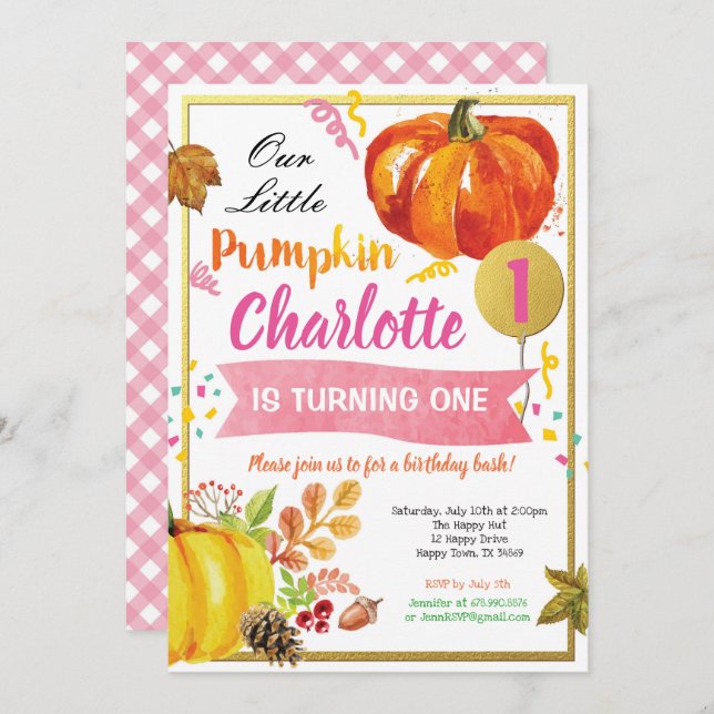 Convite Menina de abóbora, primeiro aniversário, rosa e ou (Frente/Verso)
