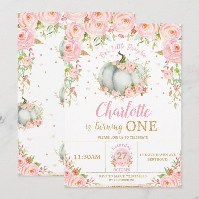 Convite Menina de Abóbora Rosa Floral 1 rua Primeiro Anive (Frente/Verso)