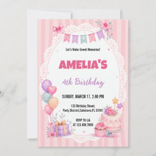 Convite Menina de Aguarela Rosa Bolo Floral Aniversário