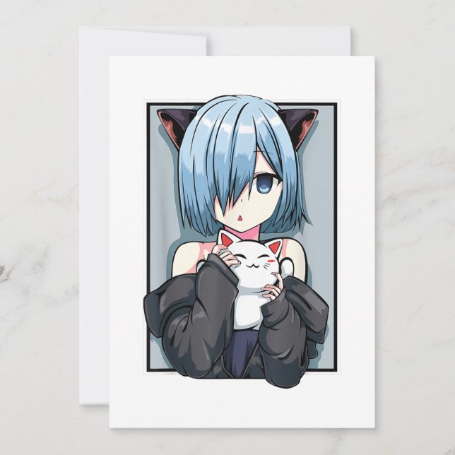 Convite Menina de animação Neko Catgirl Pastel Kawaii Cat  (Frente)