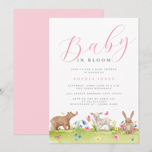 Convite Menina de Animais Fofos Bebê em Flor Chá de Bebê (Frente/Verso)