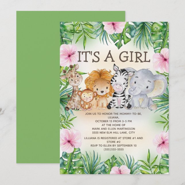 Convite Menina de Animais Safari Selvagem Cura (Frente/Verso)