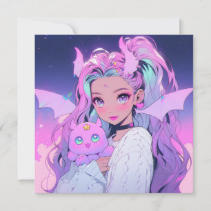 Convite Menina de anime Kawaii com criatura de pelúcia