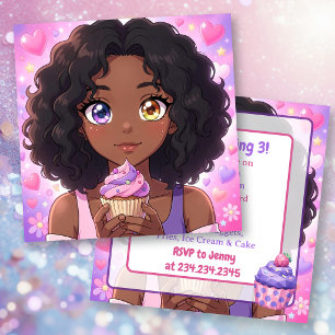 Convite Menina de anime rosa e roxa e bolo de aniversário 