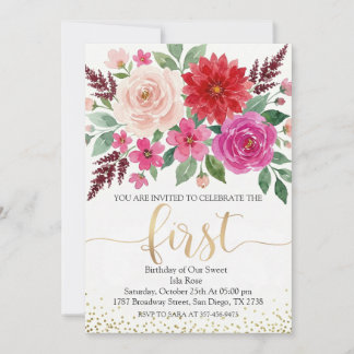 Convite Menina de Aniversário Aquarela Floral Dourado Bril