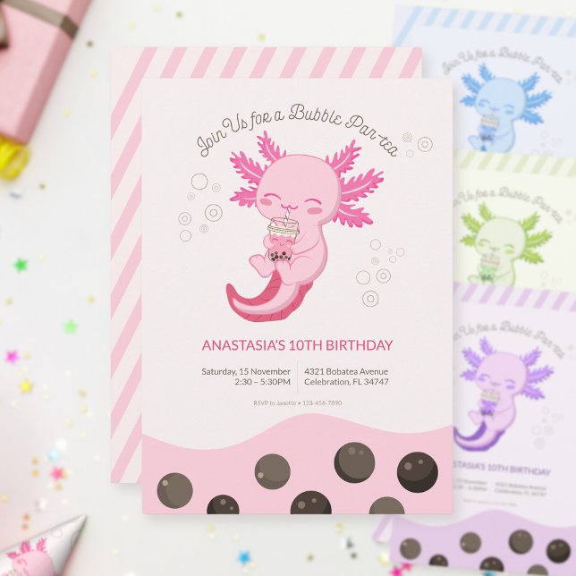 Convite Menina de Aniversário com Chá de Bolhas Rosa de Ax (Criador carregado)
