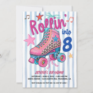 Convite Menina de Aniversário de Patinação no Estilo Retrô