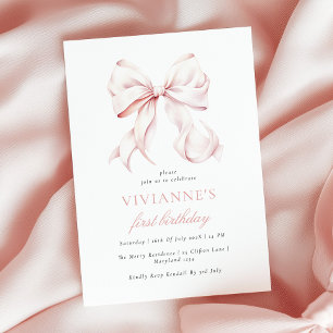 Convite Menina de Aniversário de Um Ano com Laço Rosa