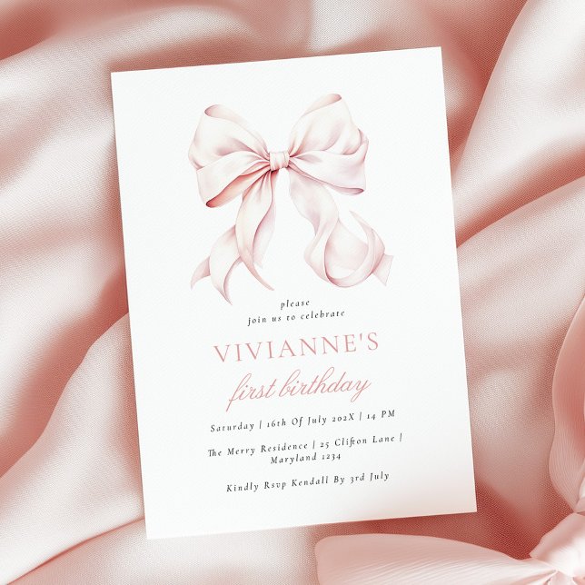 Convite Menina de Aniversário de Um Ano com Laço Rosa (Criador carregado)