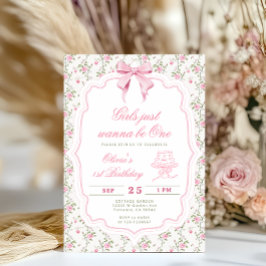 Convite Menina de Aniversário de Um Ano com Laço Rosa Eleg