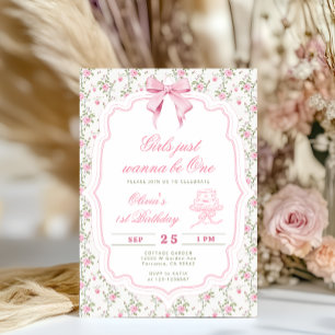 Convite Menina de Aniversário de Um Ano com Laço Rosa Eleg