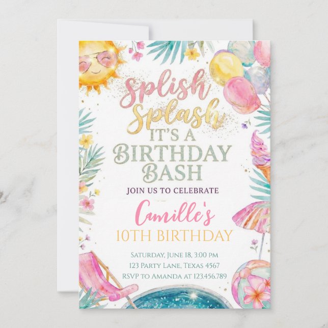 Convite Menina de aniversário de verão Splish Splash (Frente)