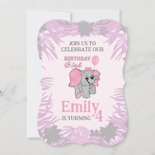 Convite Menina de Aniversário Elefante Bebê Rosa