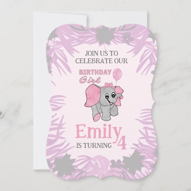 Convite Menina de Aniversário Elefante Bebê Rosa   (Frente)