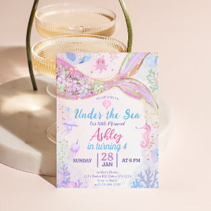 Convite Menina de Aniversário Sereia Sob o Mar Brilho Rosa