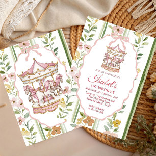 Convite Menina de aquarela carrossel floral pastel de aniv