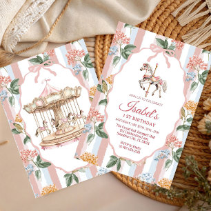 Convite Menina de aquarela carrossel floral pastel de aniv