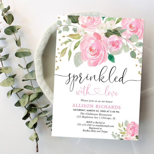 Convite Menina de aspersão floral rosa e dourada (Criador carregado)