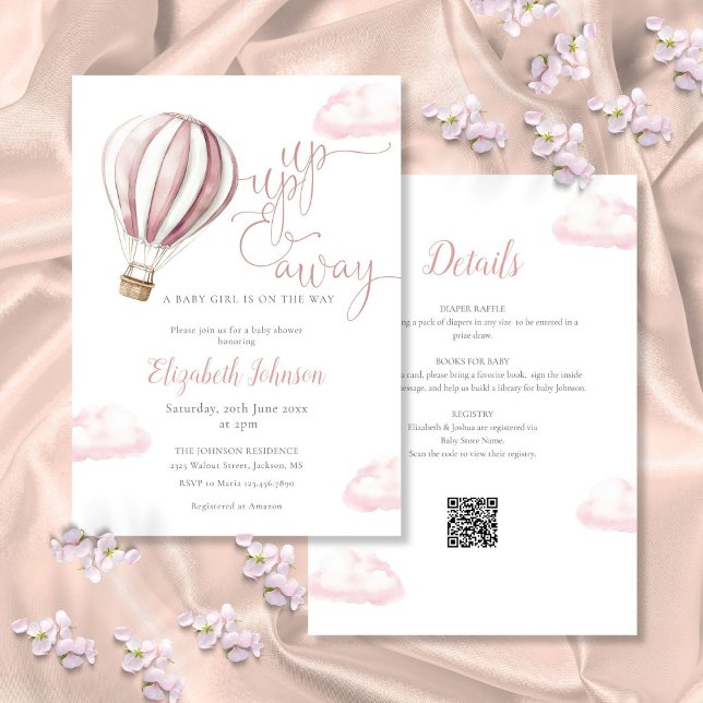Convite Menina de balão de ar quente rosa Baby Shower tudo (Pink Hot Air Balloon Girl All In One Baby Shower I Invitation)