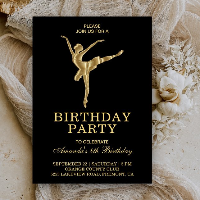 Convite Menina de Ballet Falso Dourado Festa de Aniversári (Criador carregado)
