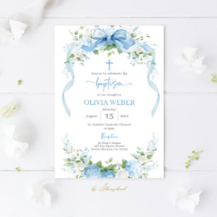 Convite Menina de Batismo Floral Azul Batizado