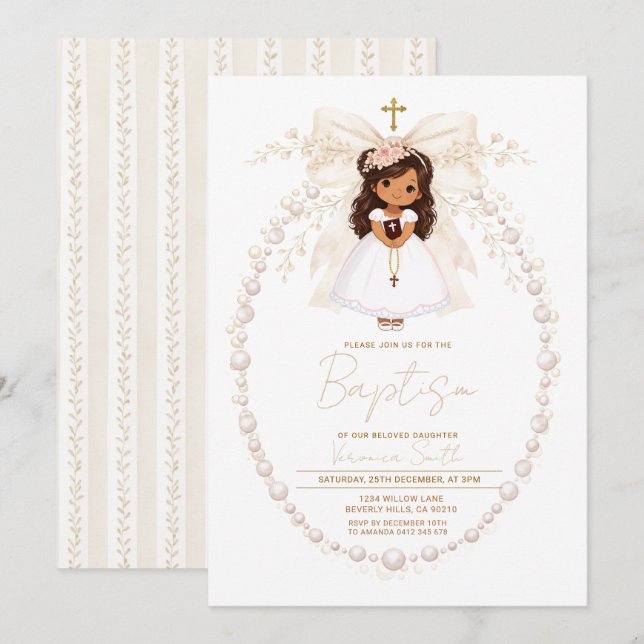 Convite Menina de Batismo Pérola Elegante Arco  (Frente/Verso)