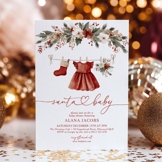 Convite Menina de Chuveiro de Bebê do Papai Noel Vestido V (Santa Baby! Cute red and white Christmas Baby Shower Invitation for baby girl. )