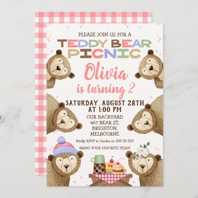 Convite Menina de Convocação do Picnic do Urso de Teddy (Frente/Verso)
