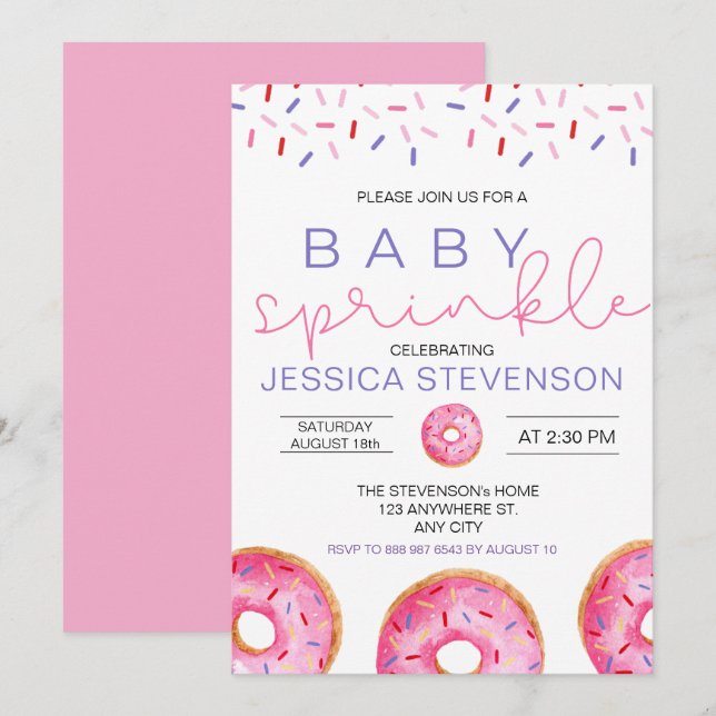 Convite Menina de Donuts de Aquarela Chuveirinho de Bebê  (Frente/Verso)