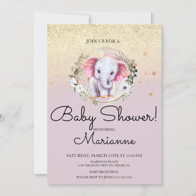 Convite Menina de Elefante Rosa Chuveiro de Bebê Faux Dour (Frente)