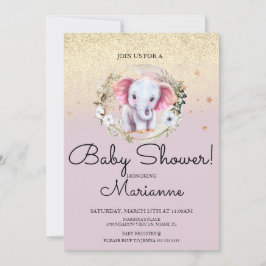 Convite Menina de Elefante Rosa Chuveiro de Bebê Faux Dour