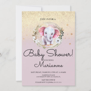 Convite Menina de Elefante Rosa Chuveiro de Bebê Faux Dour