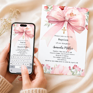 Convite Menina de florais com laço rosa Batismo