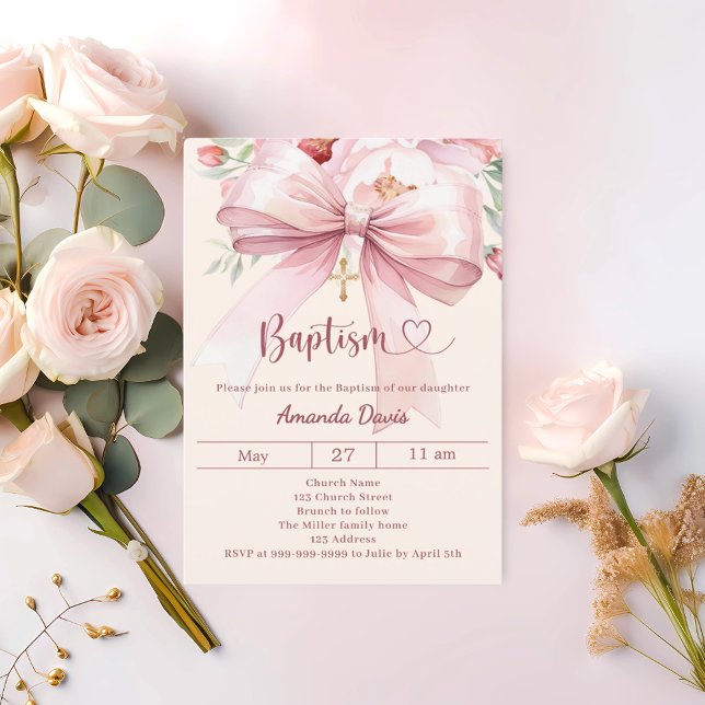 Convite Menina de florais creme com laço rosa Batismo (Criador carregado)