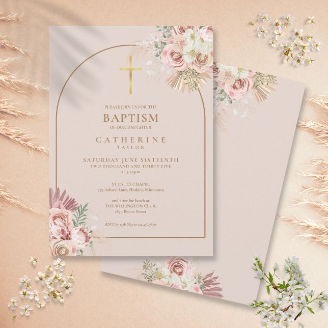 Convite Menina de grama de Pampas em ouro rosa Batismo Bat (Pink Gold Pampas Grass Girl Baptism Christening Invitation)
